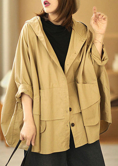 Khaki Bat Wing Sleeve Patchwork Fall Hooded Coat