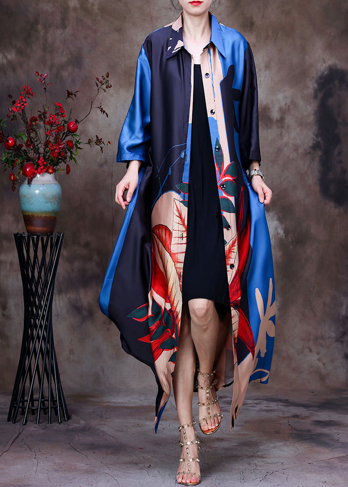 Blue Black Peter Pan Collar Print Silk Long Shirt Bracelet Sleeve