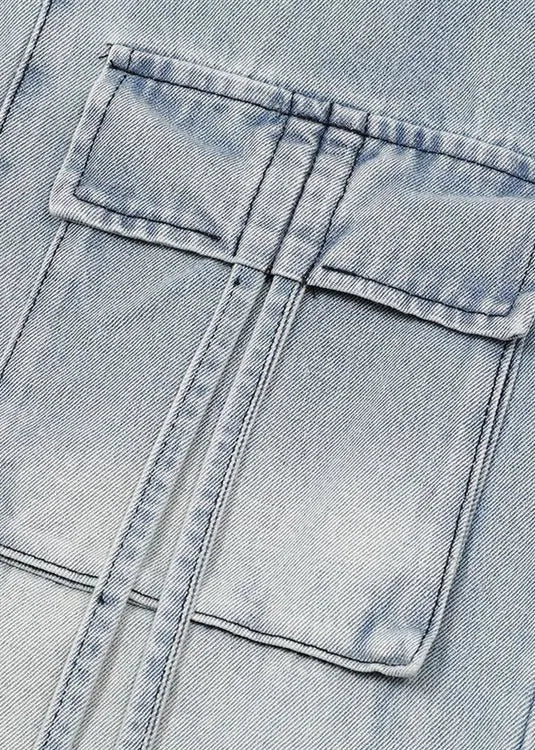 Modern Blue Pockets Lace Up High Waist Denim Pants Fall