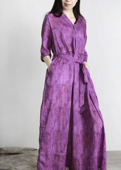 Purple Print Linen Tie Waist Summer Robe Dresses