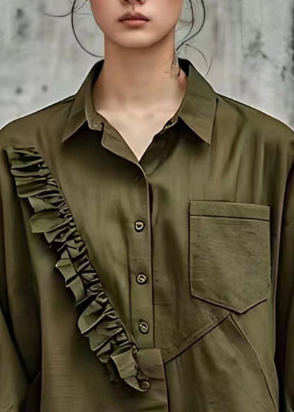 Handmade Army Green Peter Pan Collar Pockets Shirt Fall