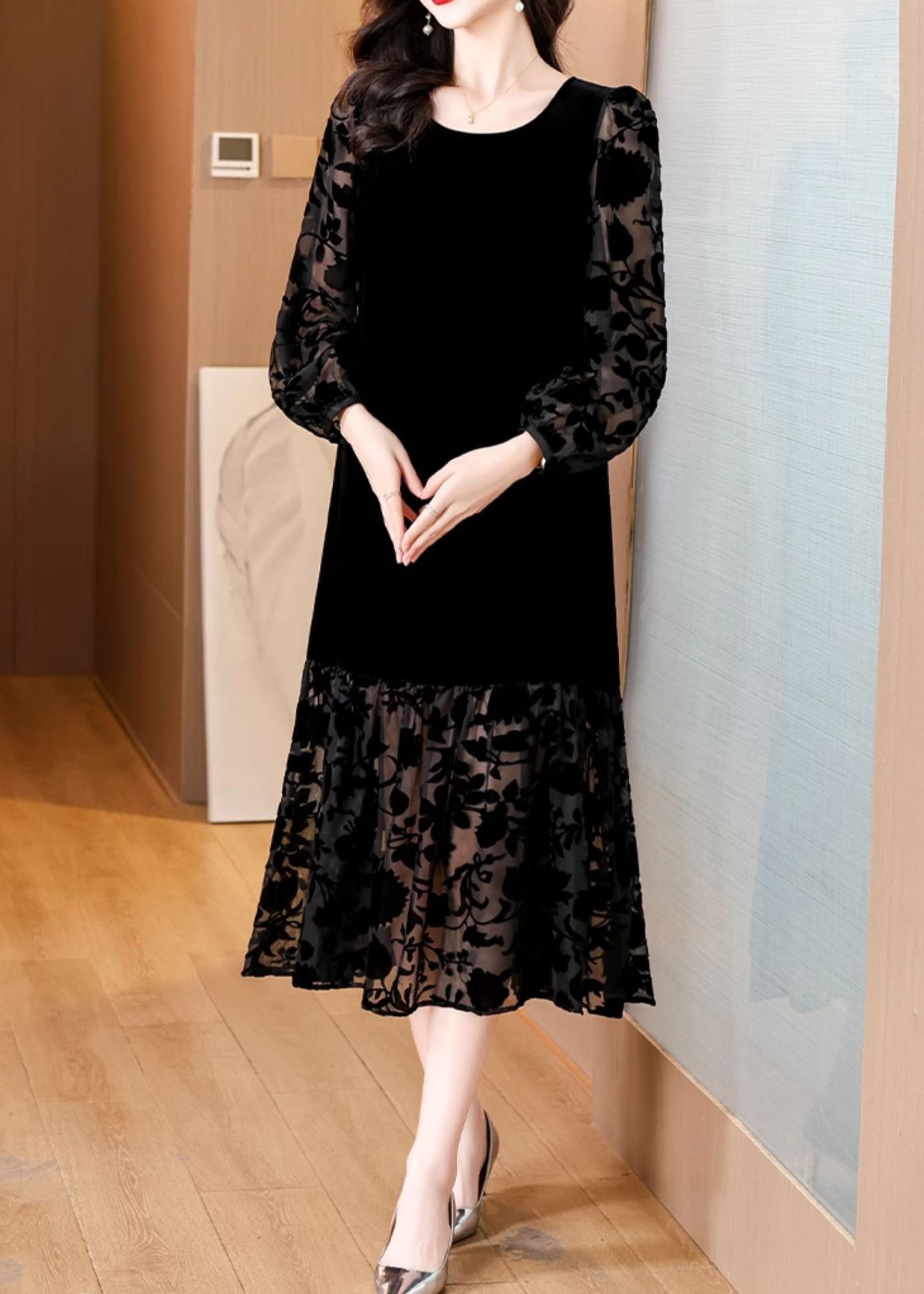 French Black O Neck Pockets Silk Velour Long Dress Spring