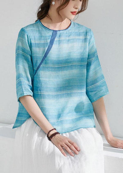 Blue Striped Chinese Style O-neck Summer Ramie Blouse Half Sleeve