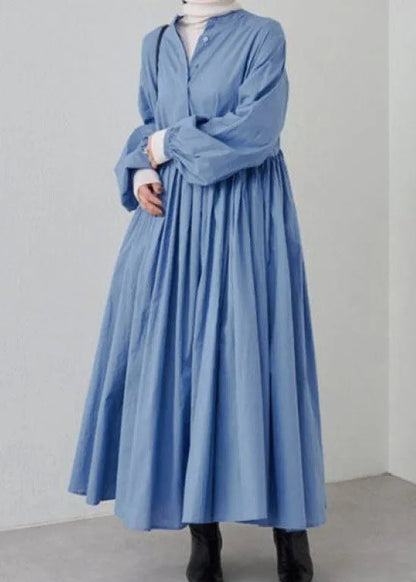 Grey Wrinkled Patchwork Cotton Dresses Lantern Sleeve
