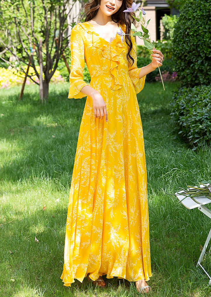 Yellow Ruffled Print Slim Chiffon Maxi Holiday Dress Spring
