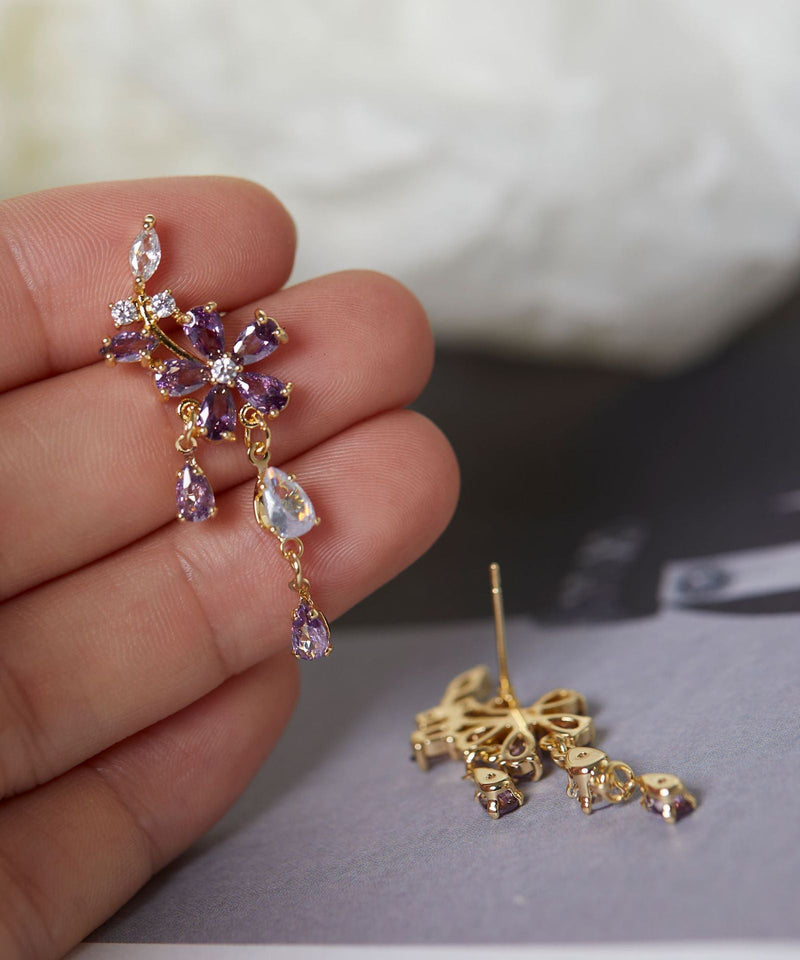 Diy Purple Sterling Silver Zircon Tassel Drop Earrings