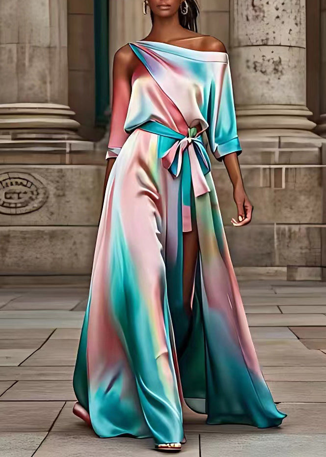 Rainbow Asymmetrical Patchwork Silk Maxi Dress Summer
