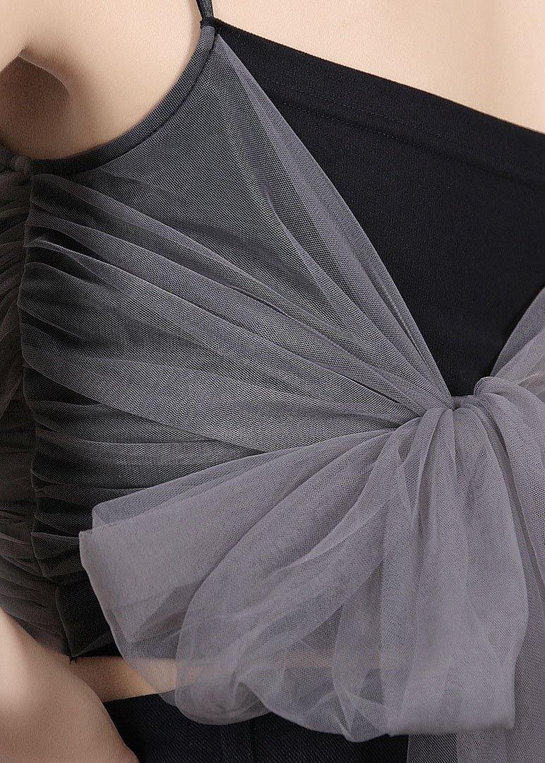 Black V Neck Patchwork Tulle Bow Cotton Tanks Summer
