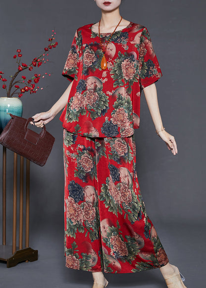 Red Print Silk Two Pieces Set Oversized Summer