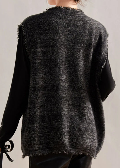 Coffee Tasseled Knit Vest and Cotton Top Two Pieces Set Winter
