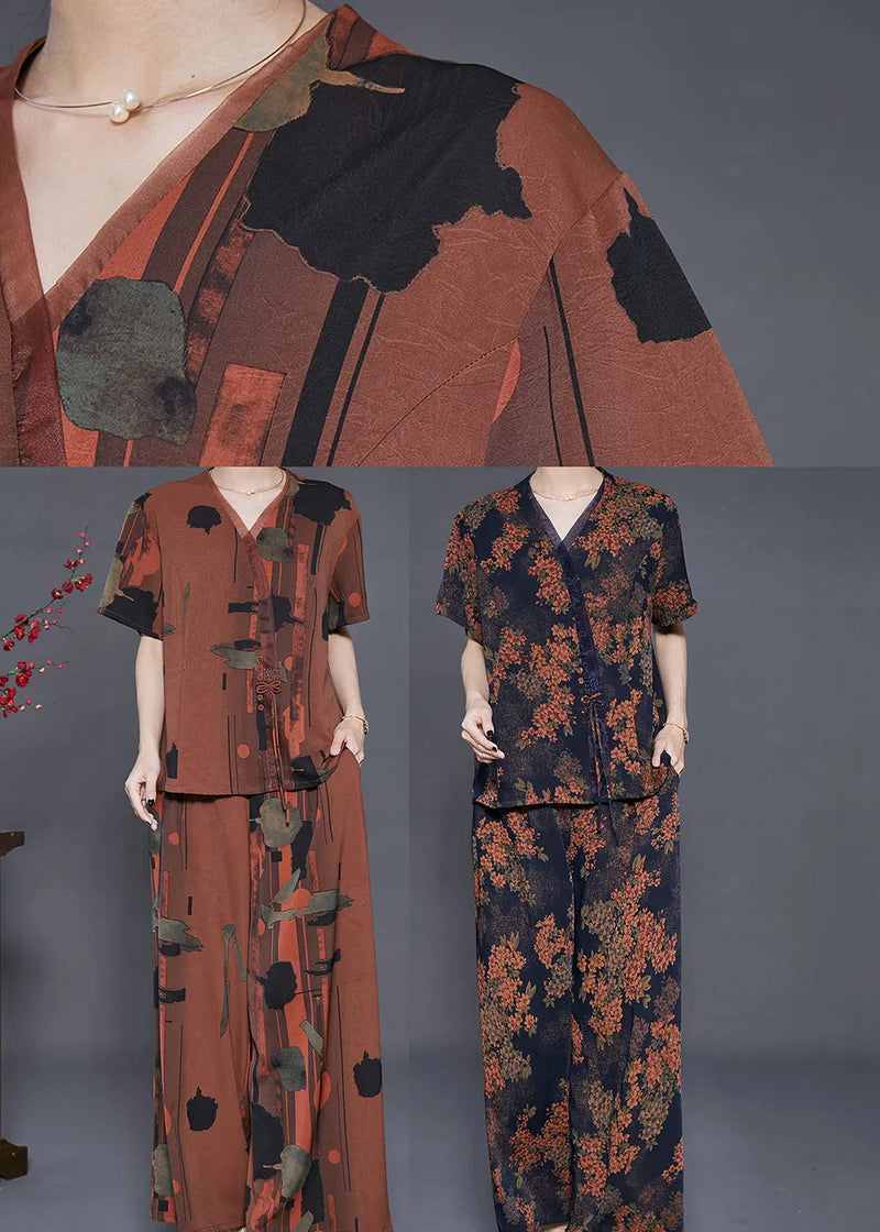 Black Print Silk Two Piece Set Clothing Bow Summer