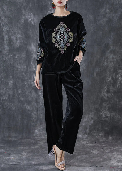 Loose Black O-neck Embroideried Silk Velour Two Piece Suit Set Spring