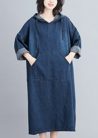 Denim Blue Hooded Pockets Denim Long Dress Spring