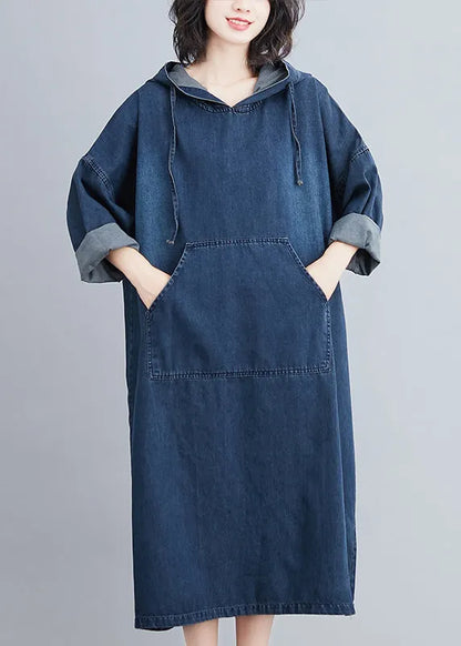 Denim Blue Hooded Pockets Denim Long Dress Spring