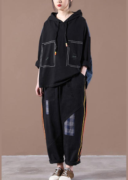 Black Denim Stitching Embroidery Suit