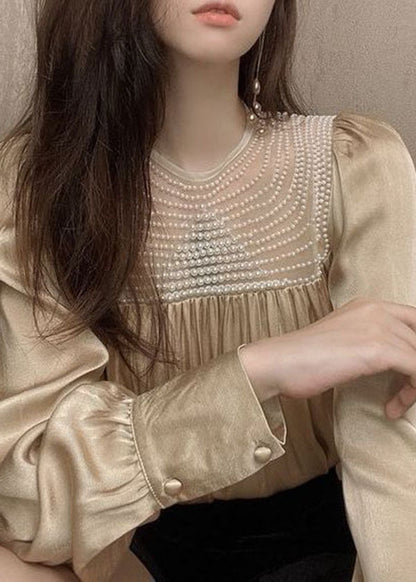 Handmade White O-neck Wrinkled Nail Bead Patchwork Shirt Tops Long Sleeve