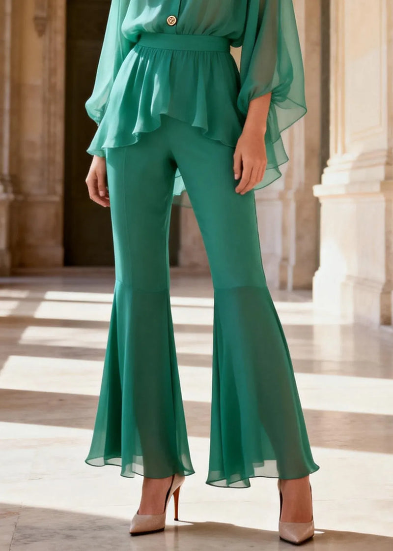 Stylish Green V Neck Patchwork Silk Two Piece Set Clothing Summer