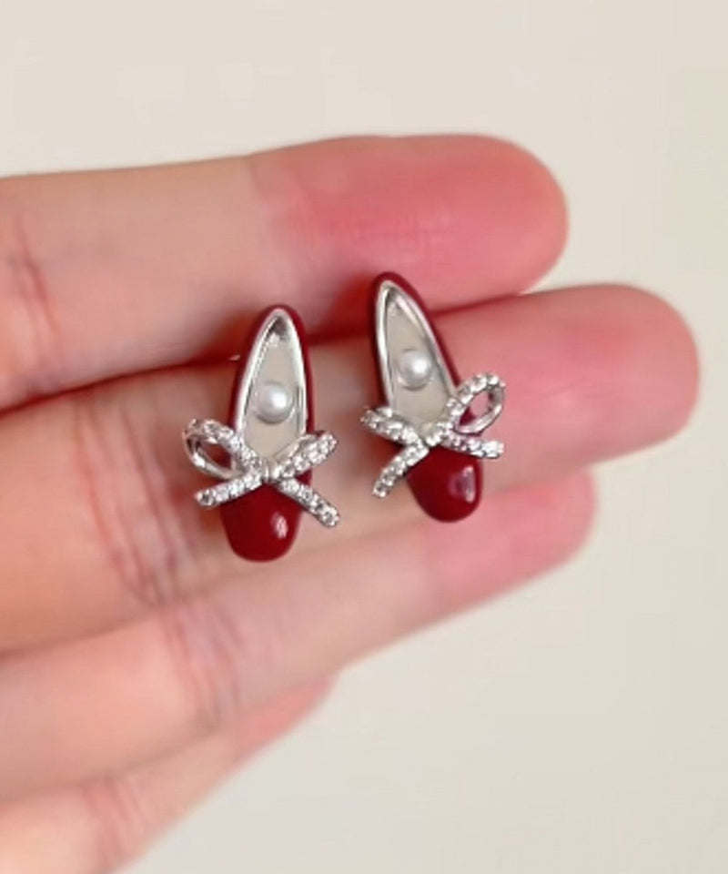 Red Copper Alloy Bow Pearl Ballet Shoes Stud Earrings