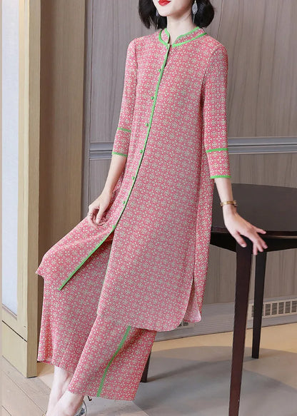 Pink Stand Collar Top and Crop Pants Two Piece Set Fall