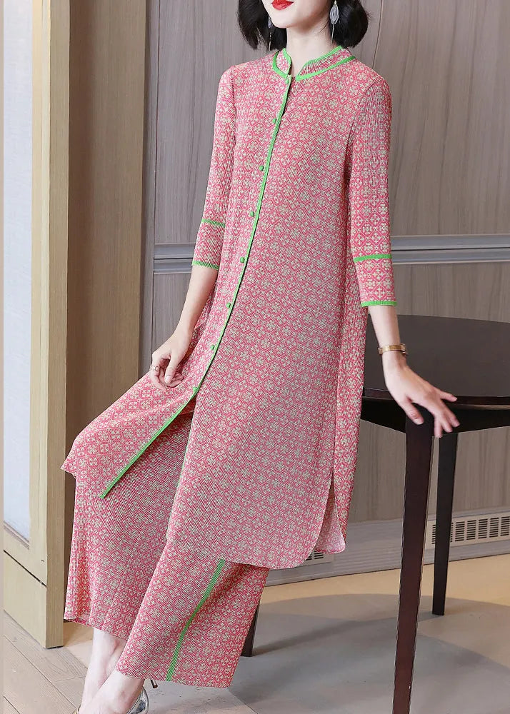 Pink Stand Collar Top and Crop Pants Two Piece Set Fall