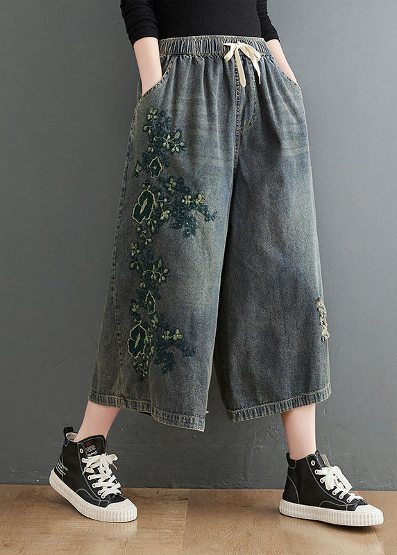 Blue Elastic Waist Drawstring Embroideried Pockets Cotton Denim Crop Pants Summer