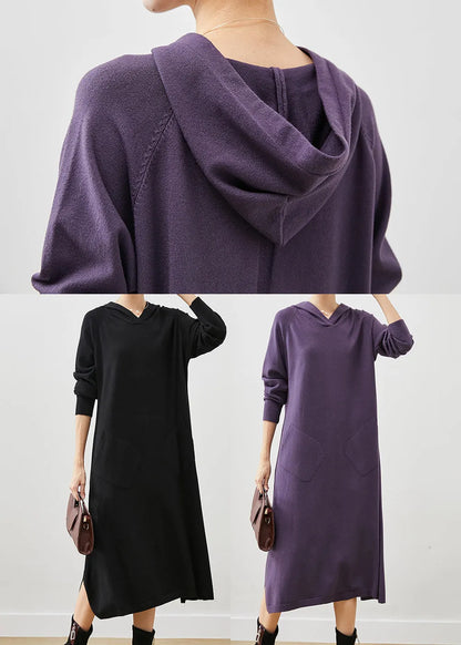 Dull Purple Hooded Side Open Knit Dress Spring