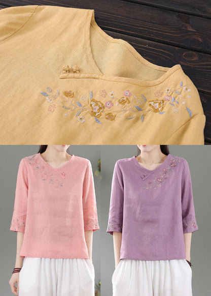 Purple Patchwork Linen Shirt Top O-neck Embroideried Three Quarter Sleeve
