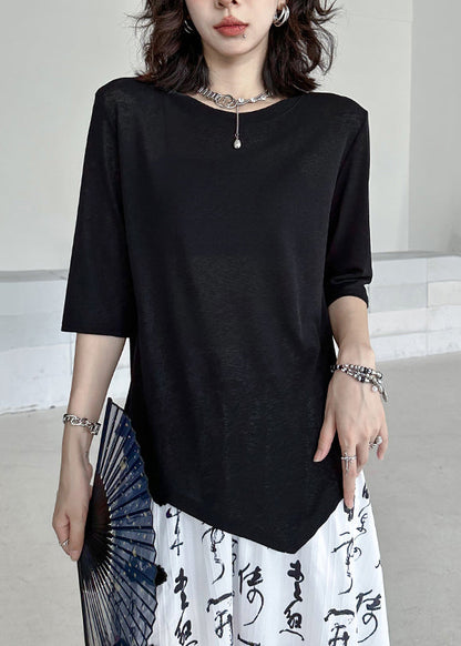 Black O-neck Asymmetrical Patchwork Cotton T Shirt Half Sleeve