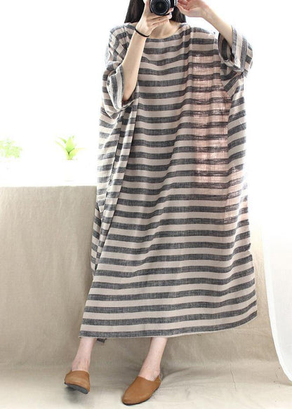 O Neck Pockets Runway Striped Dresses