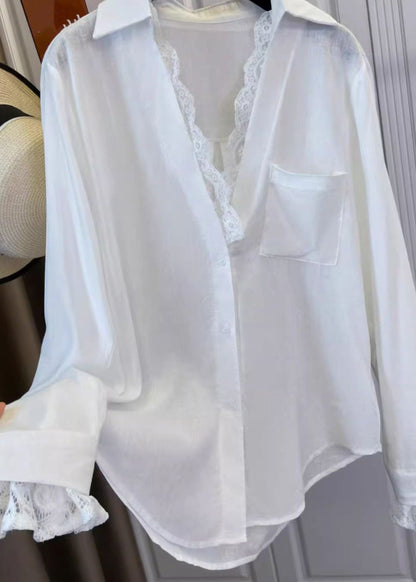 White V Neck Lace Patchwork Shirts Spring