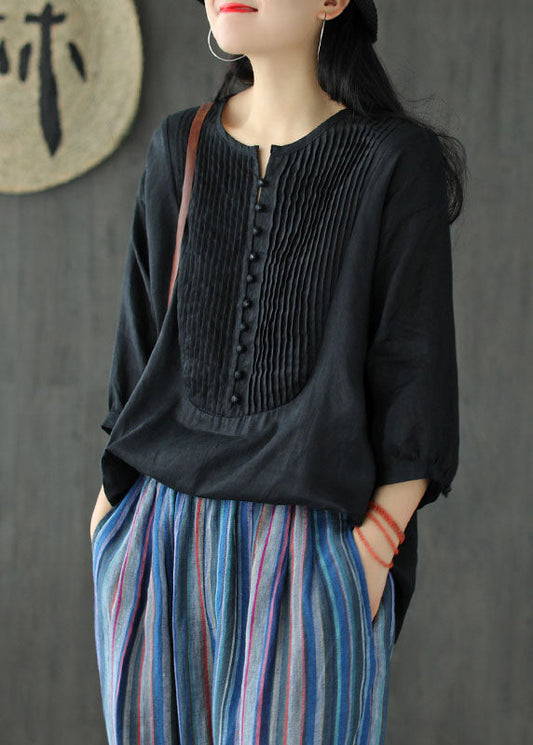 Black Oversized Linen Tank O-neck Wrinkled Oriental Button Short Sleeve