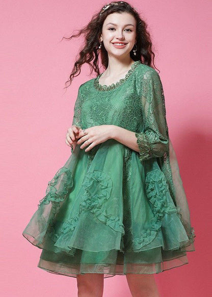 Diy Green Ruffled Patchwork Organza Lace Short Dress Bracelet Sleeve