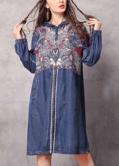 Boutique Blue Zippered Hooded Embroideried Pockets Denim Trench Coats Spring