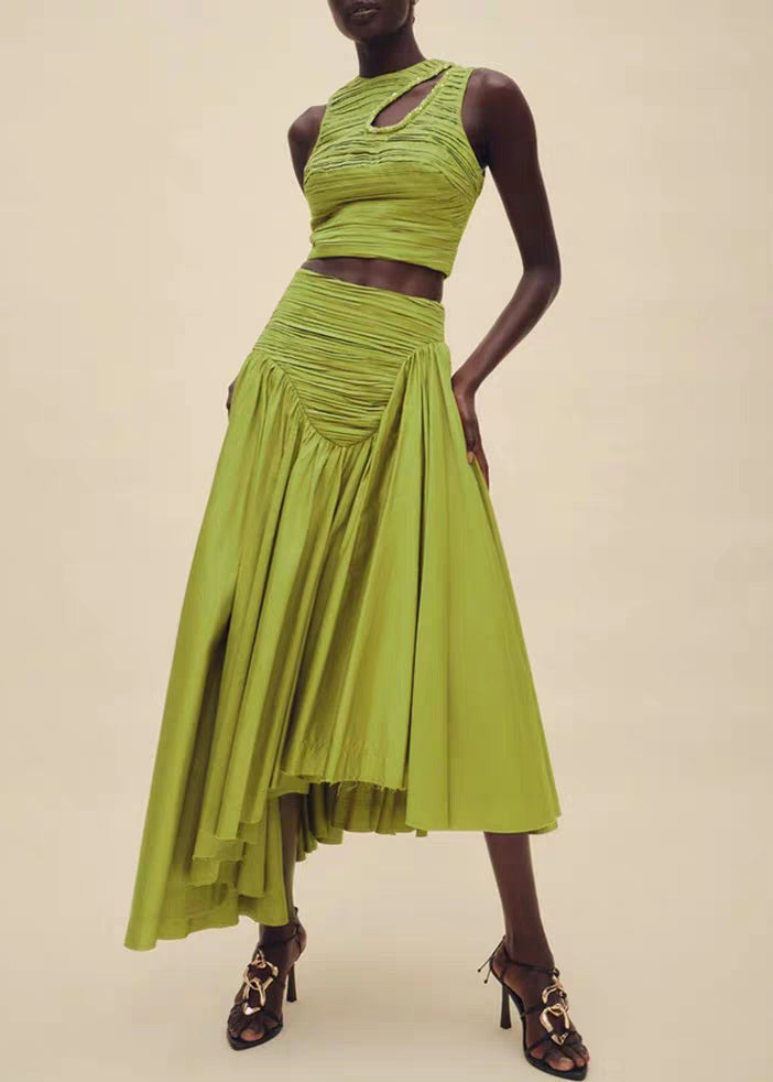 Art Green Wrinkled Hollow Out Cotton Two Piece Set Sleeveless