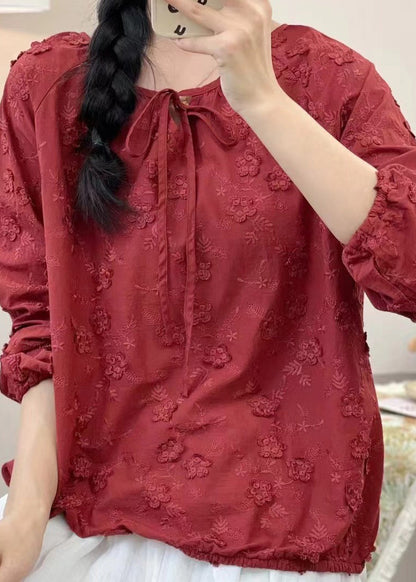 Organic Red O-neck Embroidered Cotton Tops Spring