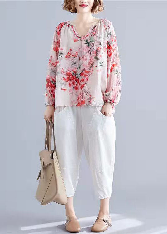 Blue V Neck Print Tops Lantern Sleeve