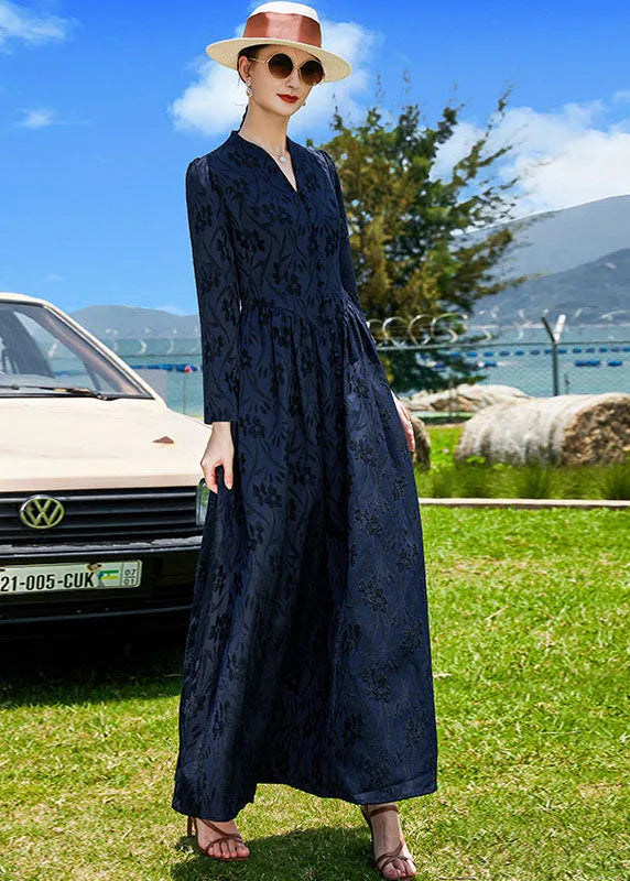 Navy V Neck Jacquard Wrinkled Silk a Line Dress Fall