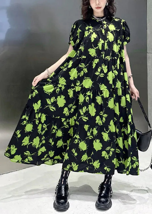 Green Print Wrinkled Patchwork Cotton Long Dresses Summer