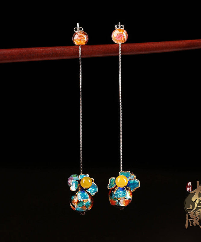 Blue Sterlin Silver Cloisonne Coloured Glaze Yellow Agate Drop Earrings