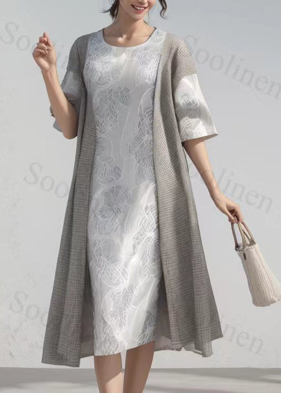 O-neck Patchwork Fake Two Pieces Silk Long Dress Summer