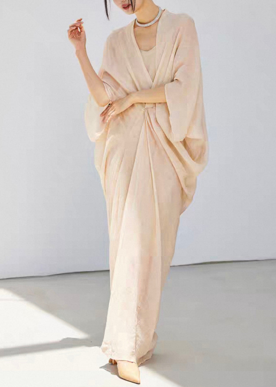 Beige V Neck Wrinkled Linen Silk Dress Bracelet Sleeve