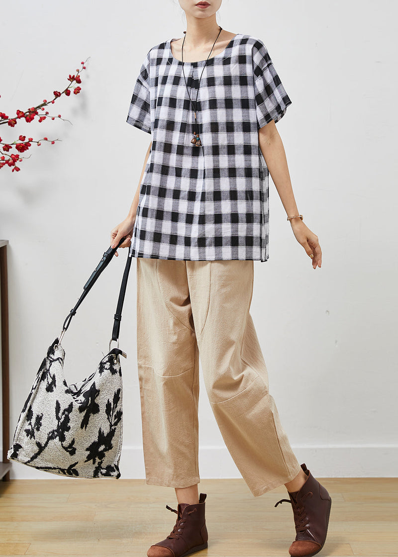 Grey Oversized Plaid Linen Two Piece Set Clothing Summer