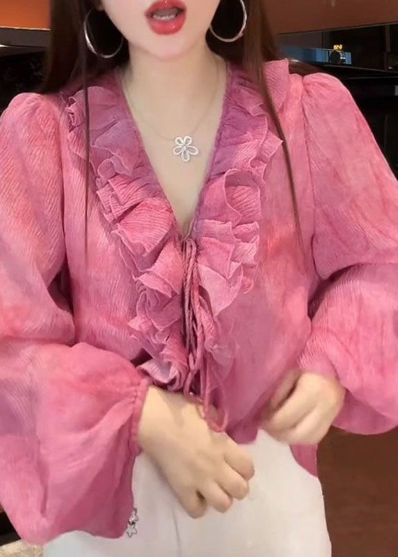 French Pink Tie Lace Top Lantern Sleeve