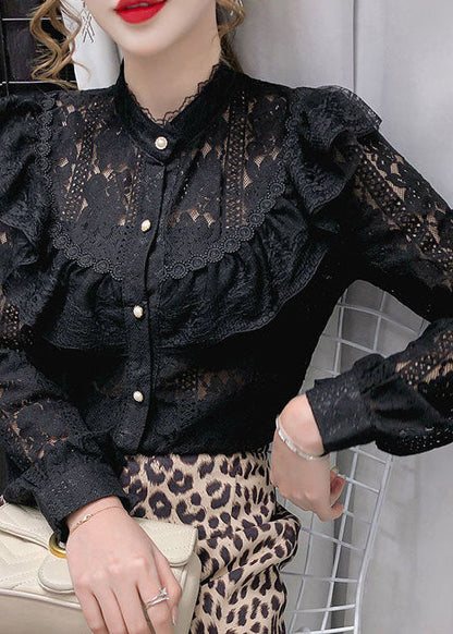 French Black Stand Collar Ruffled Lace Blouse Tops Long Sleeve
