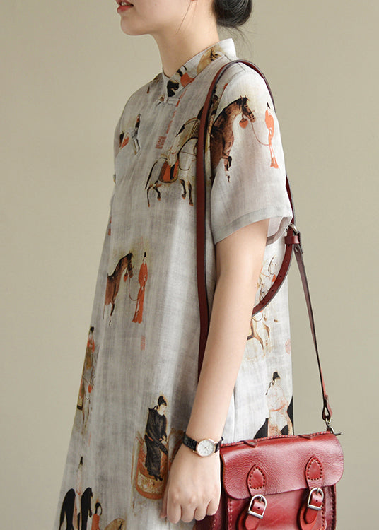 White Print Oriental Button Linen Dress Short Sleeve