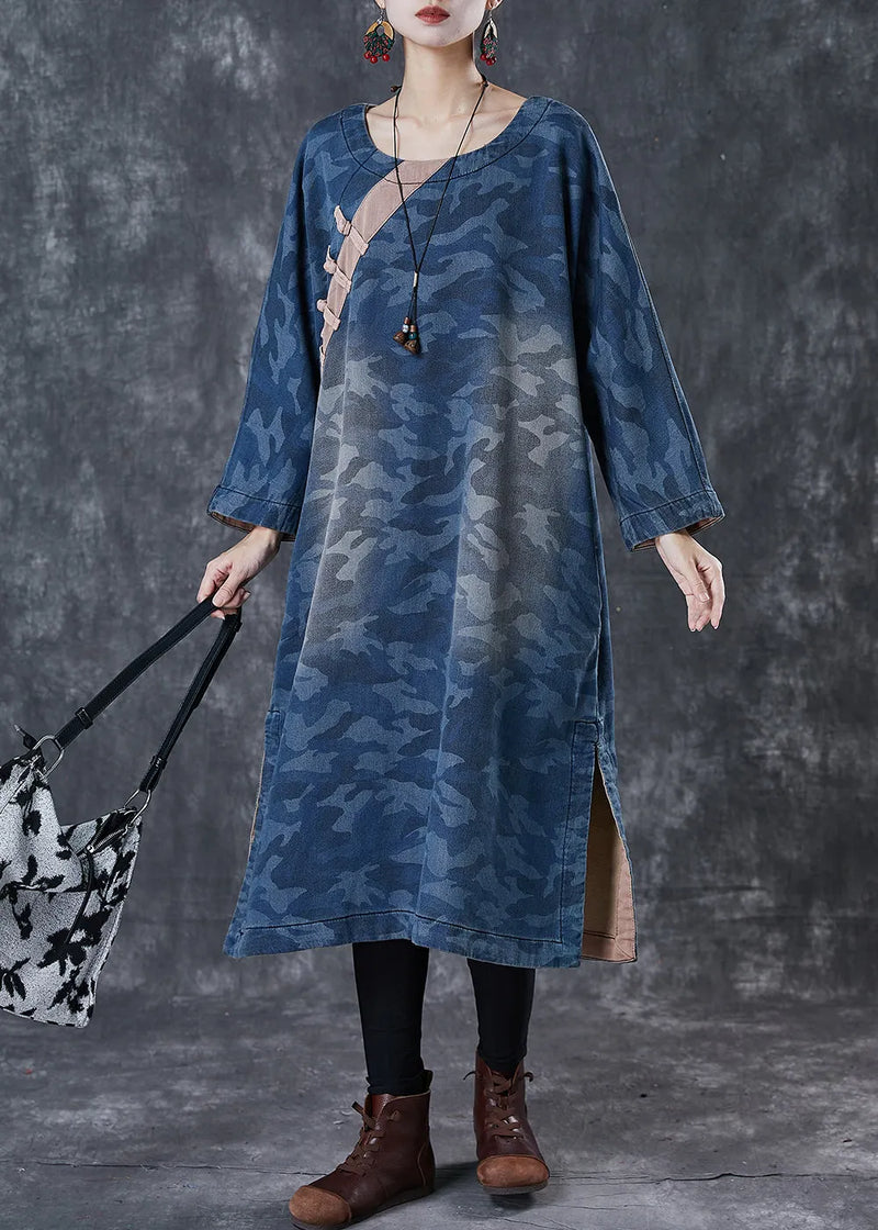 Blue Camouflage Print Chinese Button Denim Dress Spring