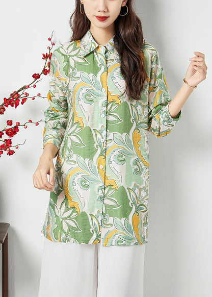 Light Green Peter Pan Collar Print Cotton Long Shirt Spring