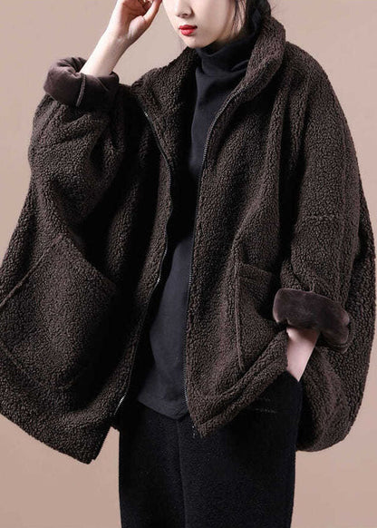 Chocolate Warm Teddy Faux Fur Loose Coats Zip Up Batwing Sleeve