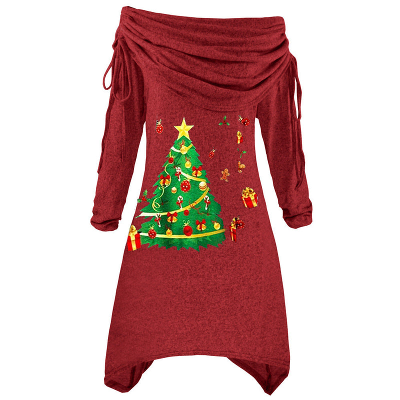 Women's Casual Christmas Dress with Off-Shoulder Design and Festive Print