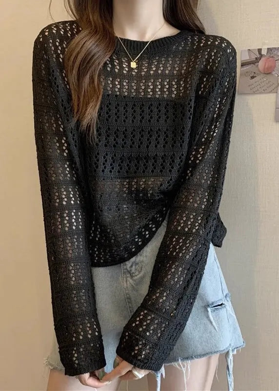 Black Hollow Out Knit T Shirts O Neck Long Sleeve